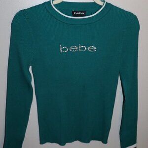 BEBE Crewneck Long Sleeve Rhinestone Top Size L